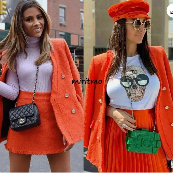 Zara Rhinestone  Jewel Button Blazer & Skirt Set Orange Size Medium Blogger Fav - Picture 5 of 16